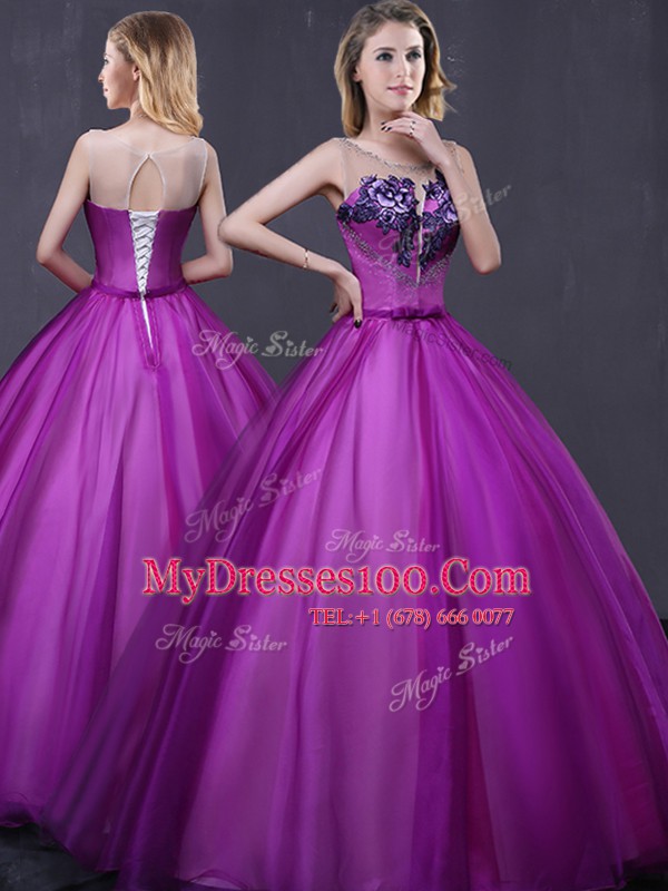 Customized Purple Ball Gowns Scoop Sleeveless Tulle Floor Length Lace Up Beading and Appliques Quince Ball Gowns
