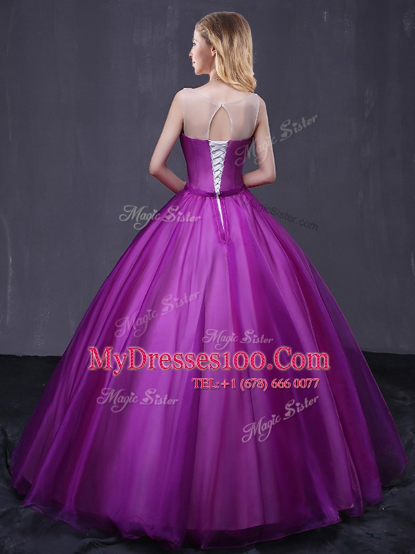 Customized Purple Ball Gowns Scoop Sleeveless Tulle Floor Length Lace Up Beading and Appliques Quince Ball Gowns