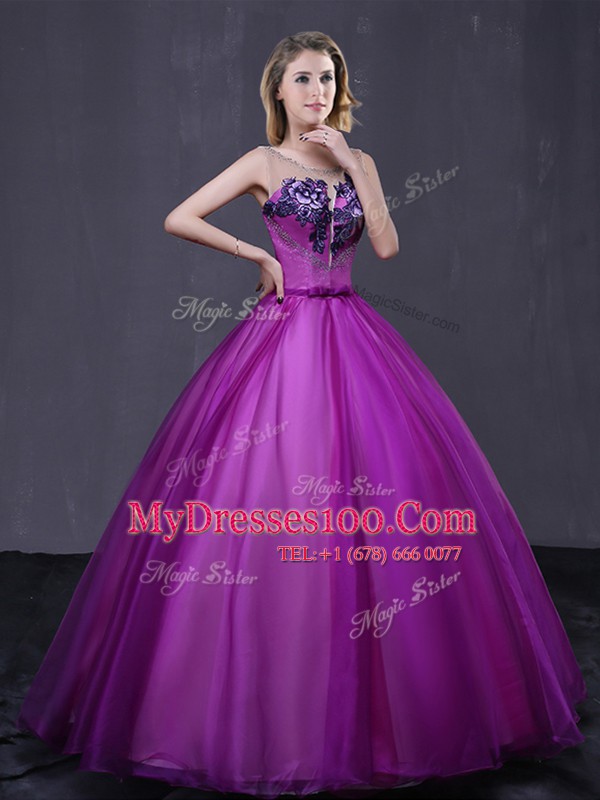 Customized Purple Ball Gowns Scoop Sleeveless Tulle Floor Length Lace Up Beading and Appliques Quince Ball Gowns