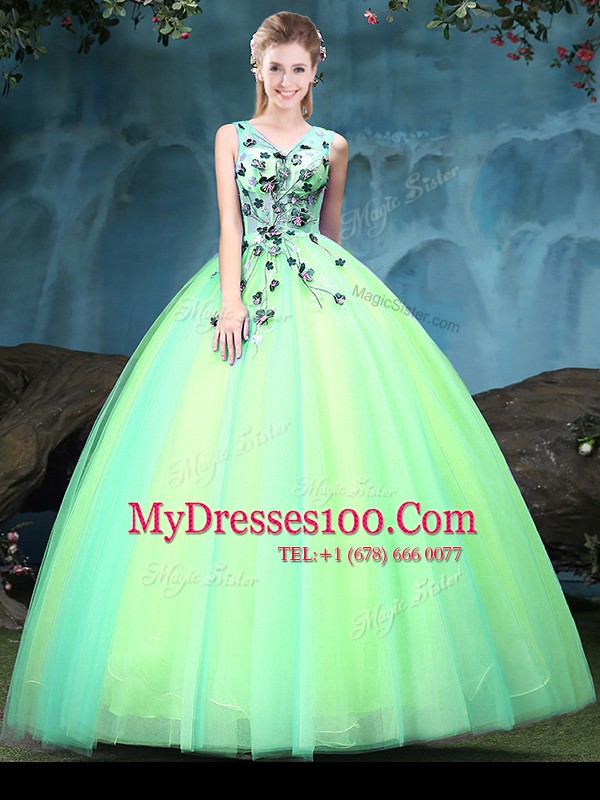 Appliques Ball Gown Prom Dress Multi-color Lace Up Sleeveless Floor Length