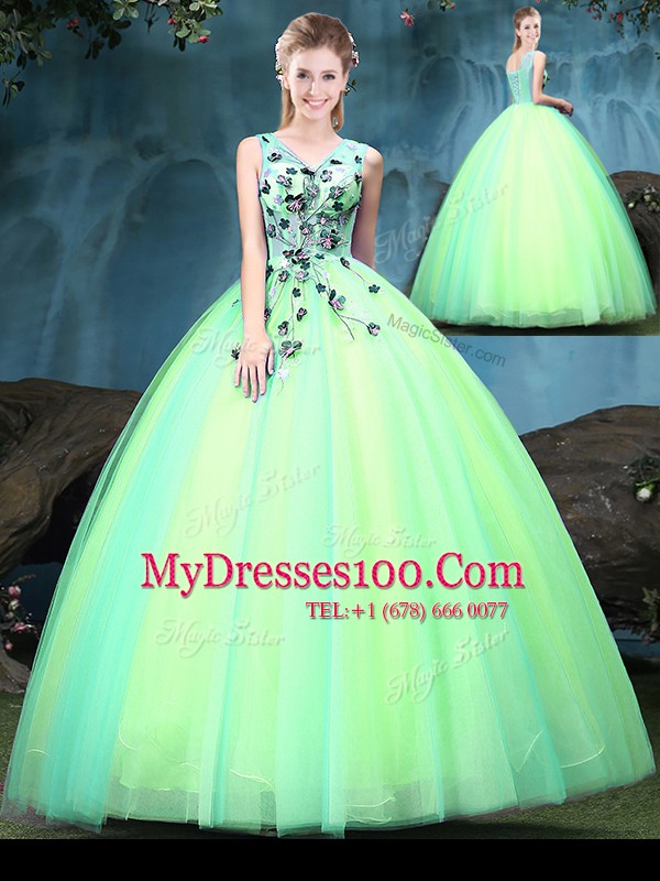 Appliques Ball Gown Prom Dress Multi-color Lace Up Sleeveless Floor Length