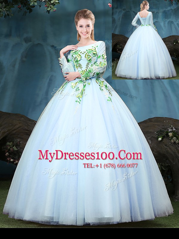 Attractive Scoop Long Sleeves Tulle Floor Length Lace Up Quinceanera Gowns in Light Blue with Appliques