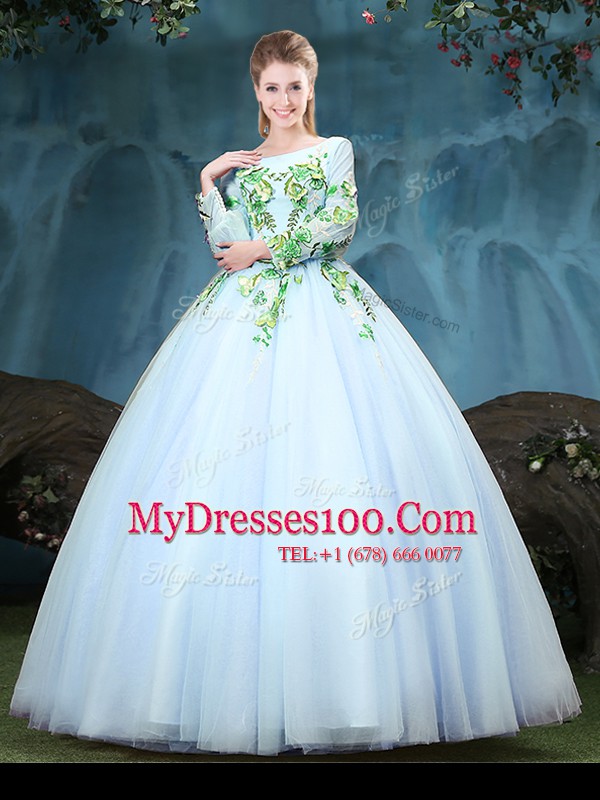 Attractive Scoop Long Sleeves Tulle Floor Length Lace Up Quinceanera Gowns in Light Blue with Appliques