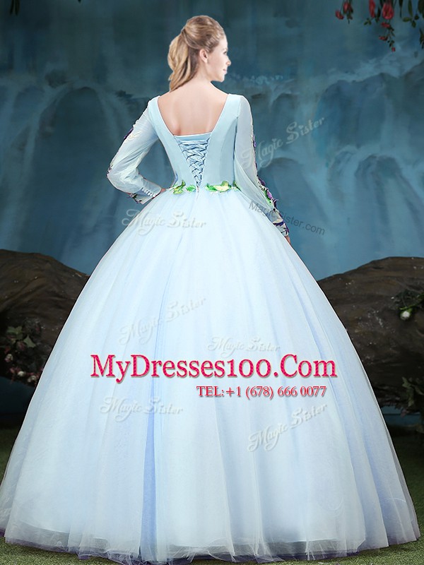 Attractive Scoop Long Sleeves Tulle Floor Length Lace Up Quinceanera Gowns in Light Blue with Appliques