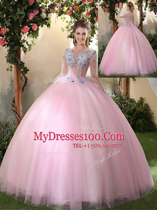 Unique Scoop Long Sleeves Lace Up Sweet 16 Dresses Baby Pink Tulle