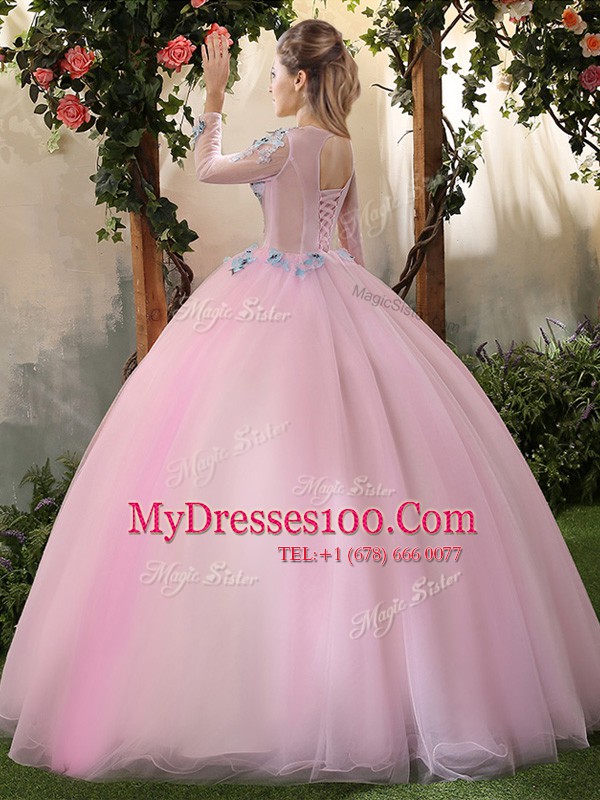Unique Scoop Long Sleeves Lace Up Sweet 16 Dresses Baby Pink Tulle
