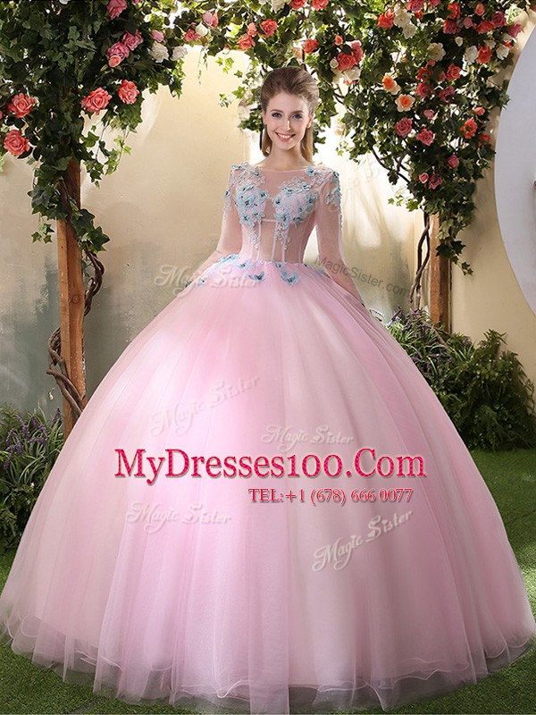 Unique Scoop Long Sleeves Lace Up Sweet 16 Dresses Baby Pink Tulle