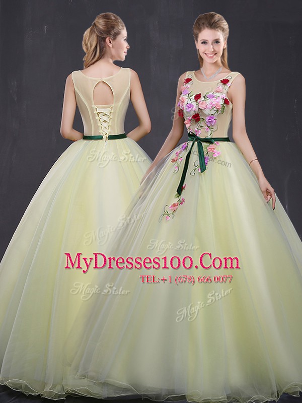 Graceful Scoop Light Yellow Lace Up Sweet 16 Dress Appliques Sleeveless Floor Length