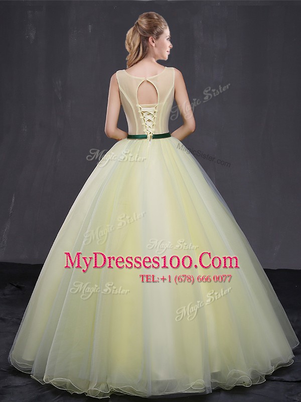 Graceful Scoop Light Yellow Lace Up Sweet 16 Dress Appliques Sleeveless Floor Length