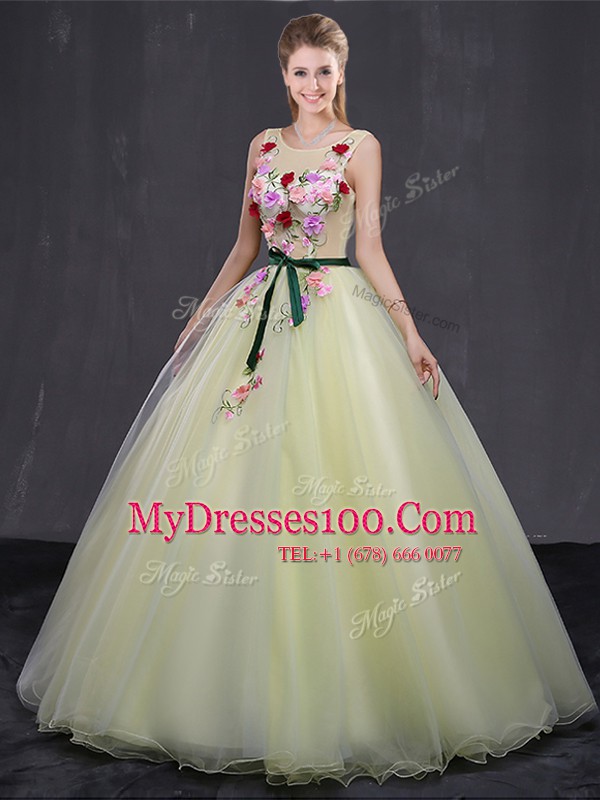 Graceful Scoop Light Yellow Lace Up Sweet 16 Dress Appliques Sleeveless Floor Length