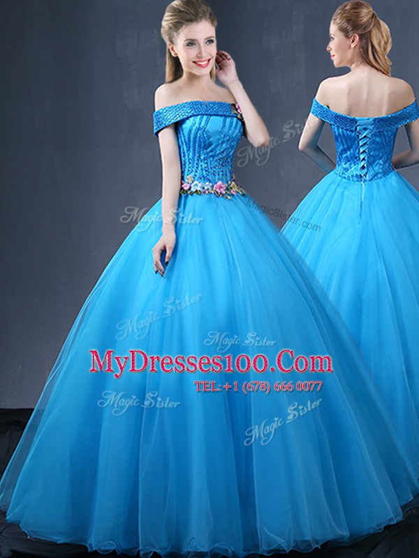 Adorable Tulle Off The Shoulder Sleeveless Lace Up Beading and Appliques Sweet 16 Dresses in Baby Blue