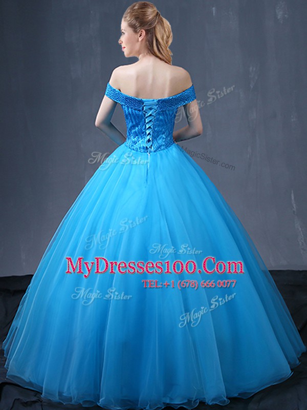 Adorable Tulle Off The Shoulder Sleeveless Lace Up Beading and Appliques Sweet 16 Dresses in Baby Blue