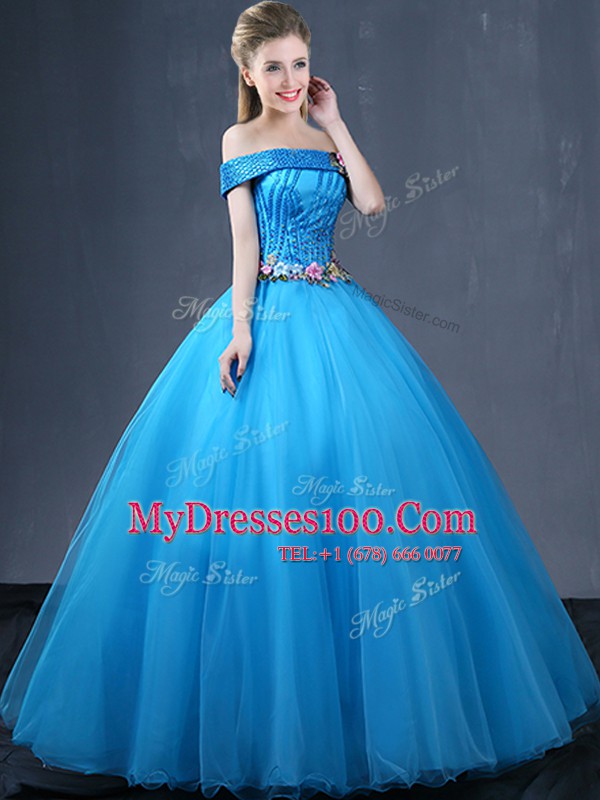 Adorable Tulle Off The Shoulder Sleeveless Lace Up Beading and Appliques Sweet 16 Dresses in Baby Blue