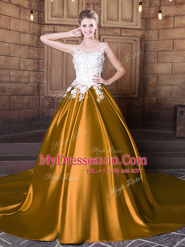 Glittering Scoop Lace and Appliques Sweet 16 Quinceanera Dress Gold Lace Up Sleeveless Floor Length Court Train