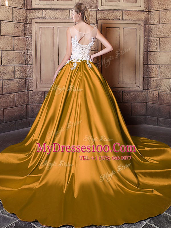 Glittering Scoop Lace and Appliques Sweet 16 Quinceanera Dress Gold Lace Up Sleeveless Floor Length Court Train