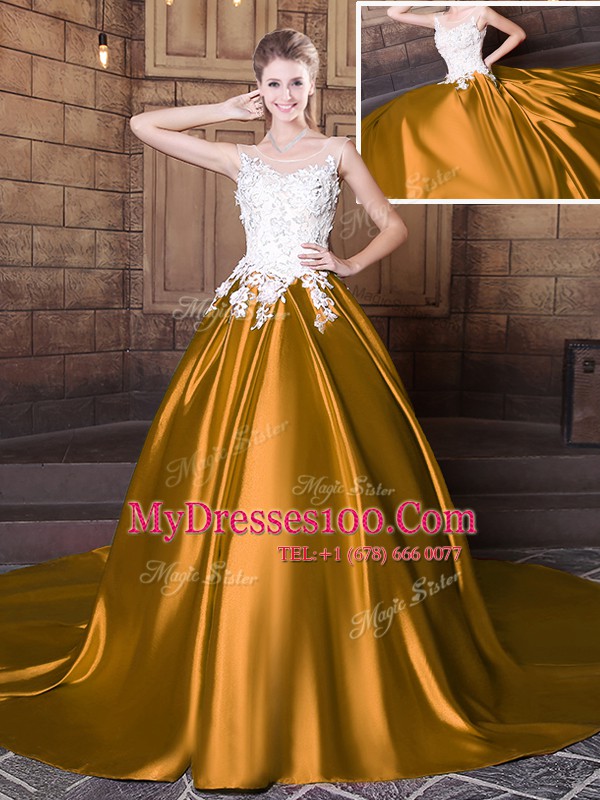 Glittering Scoop Lace and Appliques Sweet 16 Quinceanera Dress Gold Lace Up Sleeveless Floor Length Court Train