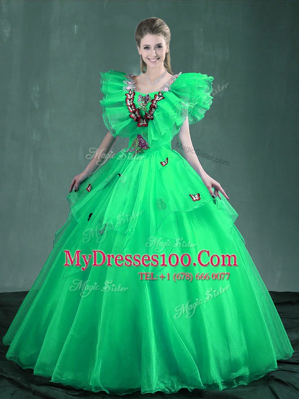 Square Floor Length Lace Up Quinceanera Dresses Turquoise and Apple Green for Military Ball and Sweet 16 and Quinceanera with Embroidery