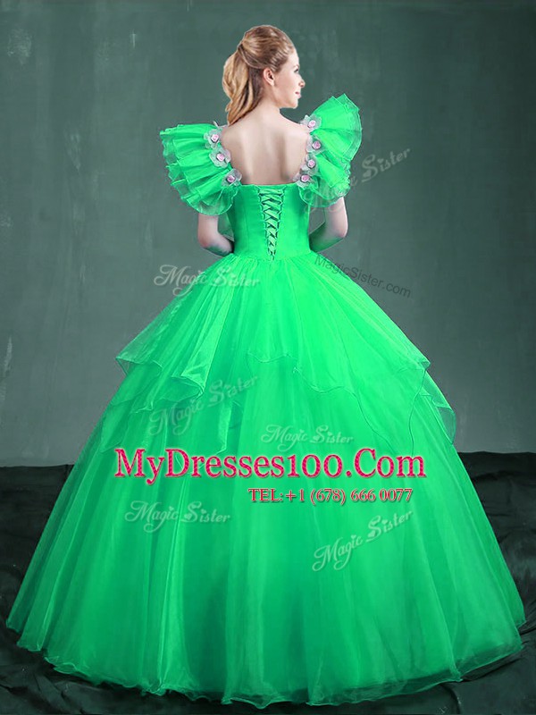 Square Floor Length Lace Up Quinceanera Dresses Turquoise and Apple Green for Military Ball and Sweet 16 and Quinceanera with Embroidery
