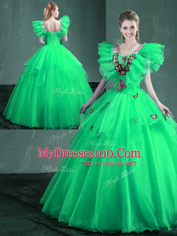 Square Floor Length Lace Up Quinceanera Dresses Turquoise and Apple Green for Military Ball and Sweet 16 and Quinceanera with Embroidery