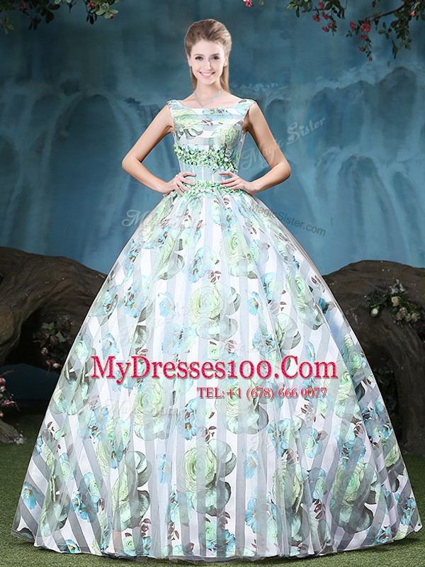 Straps Floor Length Multi-color Ball Gown Prom Dress Tulle Sleeveless Appliques and Pattern
