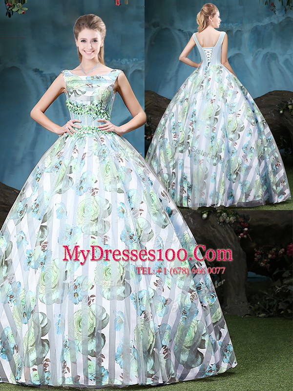 Straps Floor Length Multi-color Ball Gown Prom Dress Tulle Sleeveless Appliques and Pattern