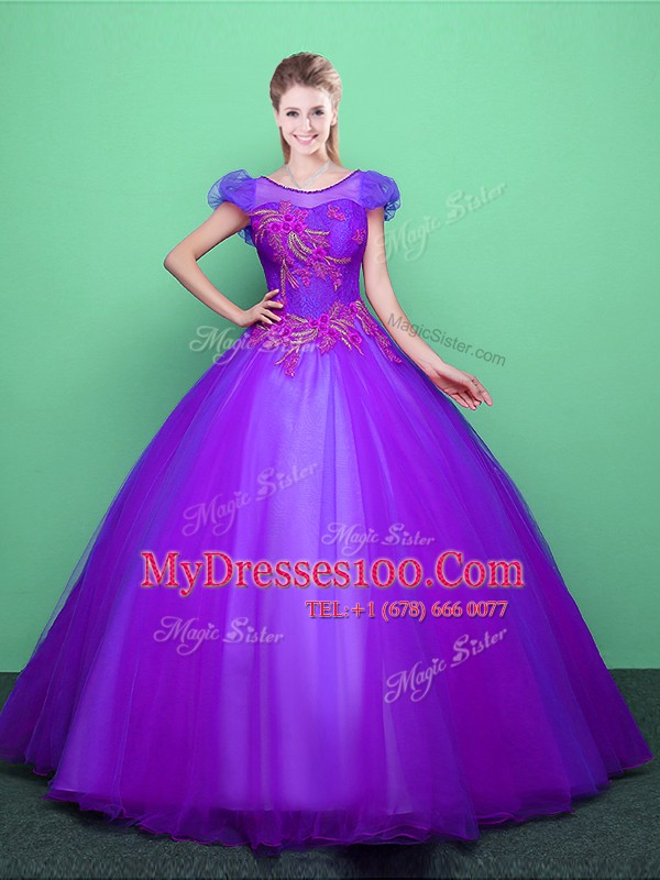 Enchanting Scoop Appliques Sweet 16 Quinceanera Dress Purple Lace Up Short Sleeves Floor Length