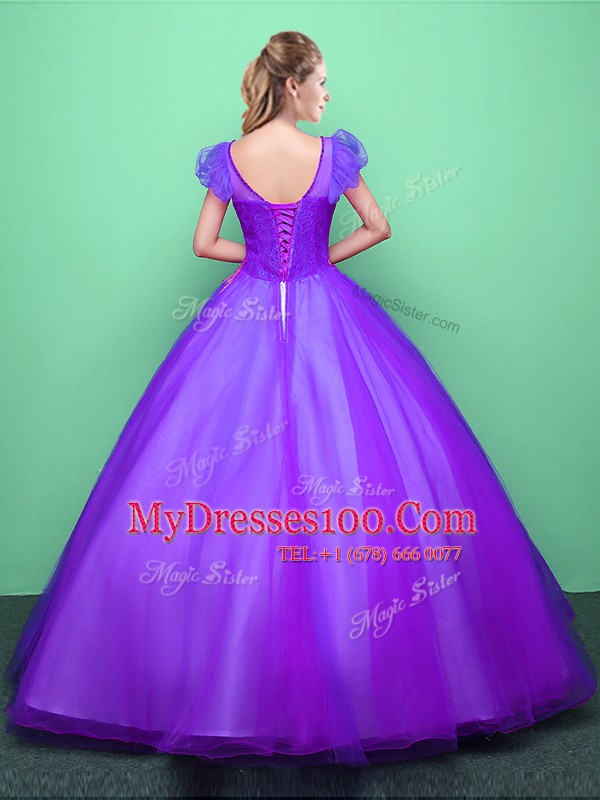 Enchanting Scoop Appliques Sweet 16 Quinceanera Dress Purple Lace Up Short Sleeves Floor Length