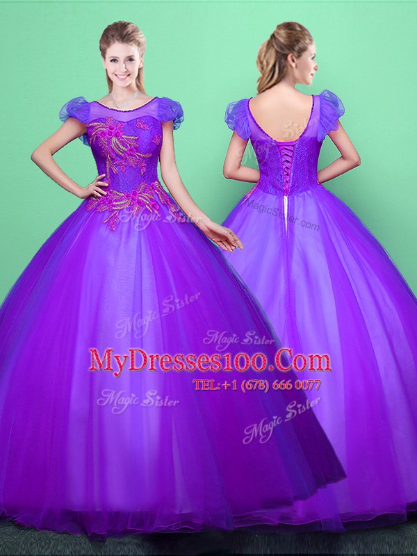 Enchanting Scoop Appliques Sweet 16 Quinceanera Dress Purple Lace Up Short Sleeves Floor Length