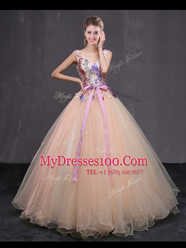 Sleeveless Tulle Floor Length Lace Up Quinceanera Gowns in Peach with Appliques and Belt