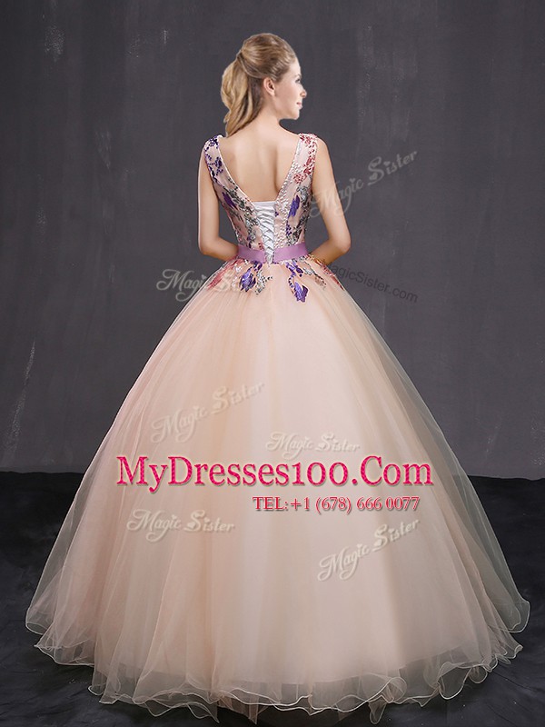 Sleeveless Tulle Floor Length Lace Up Quinceanera Gowns in Peach with Appliques and Belt