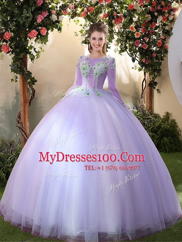 Chic Scoop Floor Length Ball Gowns 3 4 Length Sleeve Lavender Quinceanera Dresses Lace Up