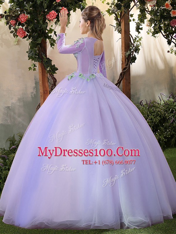 Chic Scoop Floor Length Ball Gowns 3 4 Length Sleeve Lavender Quinceanera Dresses Lace Up
