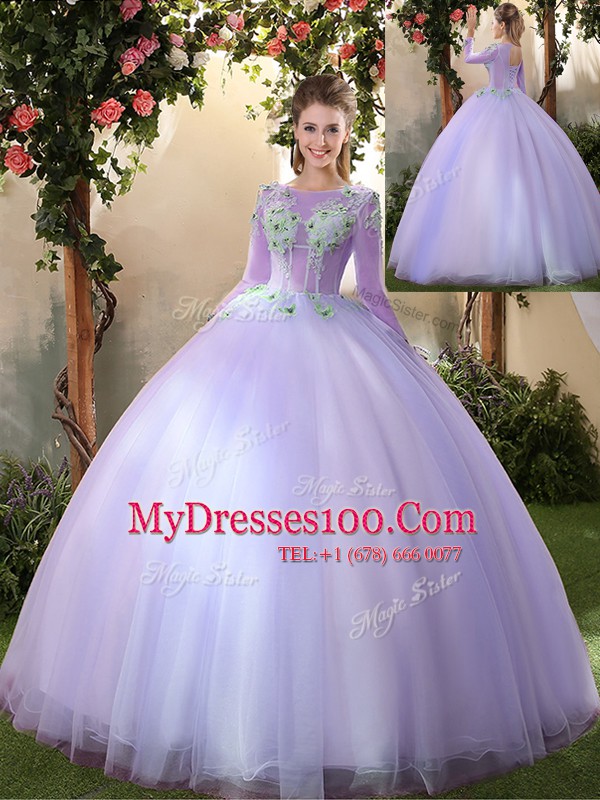 Chic Scoop Floor Length Ball Gowns 3 4 Length Sleeve Lavender Quinceanera Dresses Lace Up