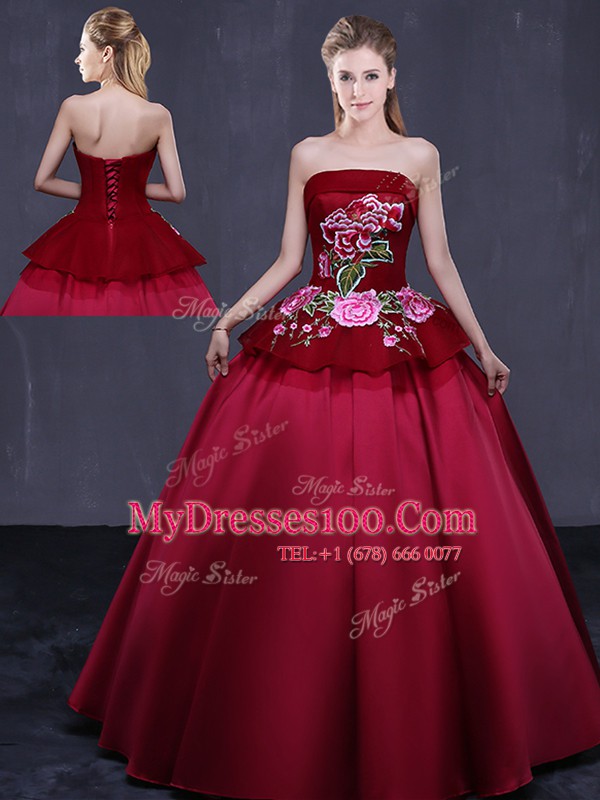 Hot Sale Wine Red Lace Up Strapless Embroidery Vestidos de Quinceanera Satin Sleeveless