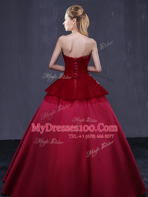 Hot Sale Wine Red Lace Up Strapless Embroidery Vestidos de Quinceanera Satin Sleeveless