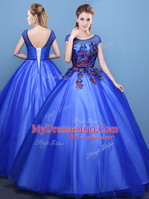 Adorable Scoop Cap Sleeves Quinceanera Dresses Floor Length Appliques Royal Blue Tulle