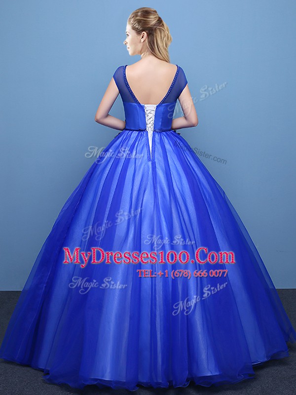 Adorable Scoop Cap Sleeves Quinceanera Dresses Floor Length Appliques Royal Blue Tulle