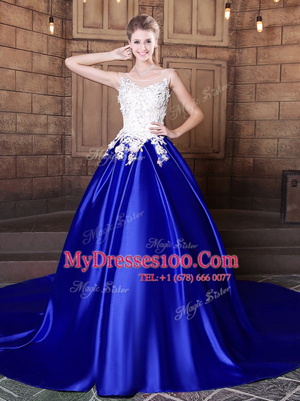 Scoop Sleeveless Ball Gown Prom Dress With Train Court Train Appliques Royal Blue Elastic Woven Satin