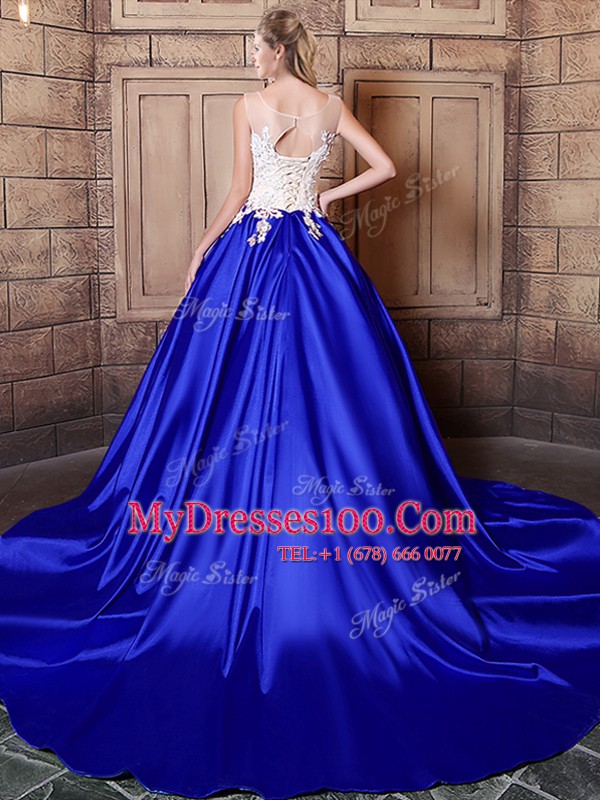 Scoop Sleeveless Ball Gown Prom Dress With Train Court Train Appliques Royal Blue Elastic Woven Satin