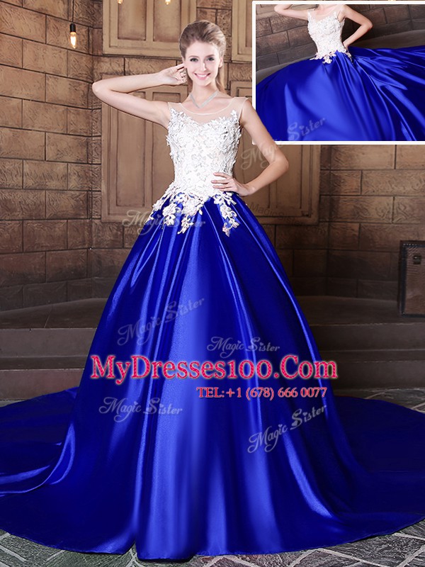 Scoop Sleeveless Ball Gown Prom Dress With Train Court Train Appliques Royal Blue Elastic Woven Satin