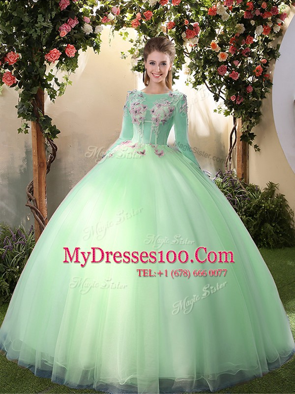 Scoop Apple Green Long Sleeves Tulle Lace Up Quinceanera Dress for Military Ball and Sweet 16 and Quinceanera