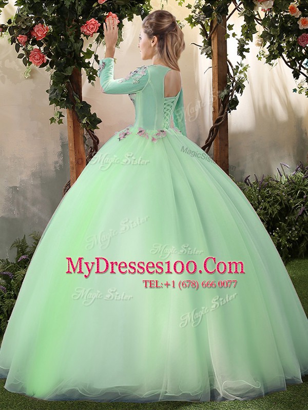 Scoop Apple Green Long Sleeves Tulle Lace Up Quinceanera Dress for Military Ball and Sweet 16 and Quinceanera