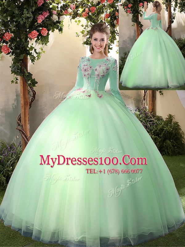 Scoop Apple Green Long Sleeves Tulle Lace Up Quinceanera Dress for Military Ball and Sweet 16 and Quinceanera