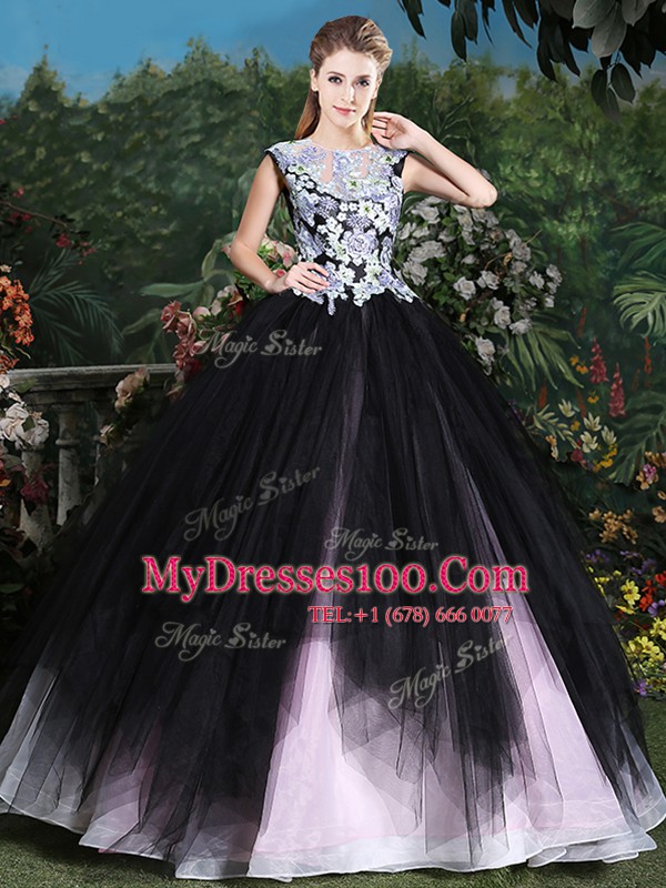 Affordable Tulle Scoop Sleeveless Lace Up Appliques and Ruffles 15th Birthday Dress in Pink And Black