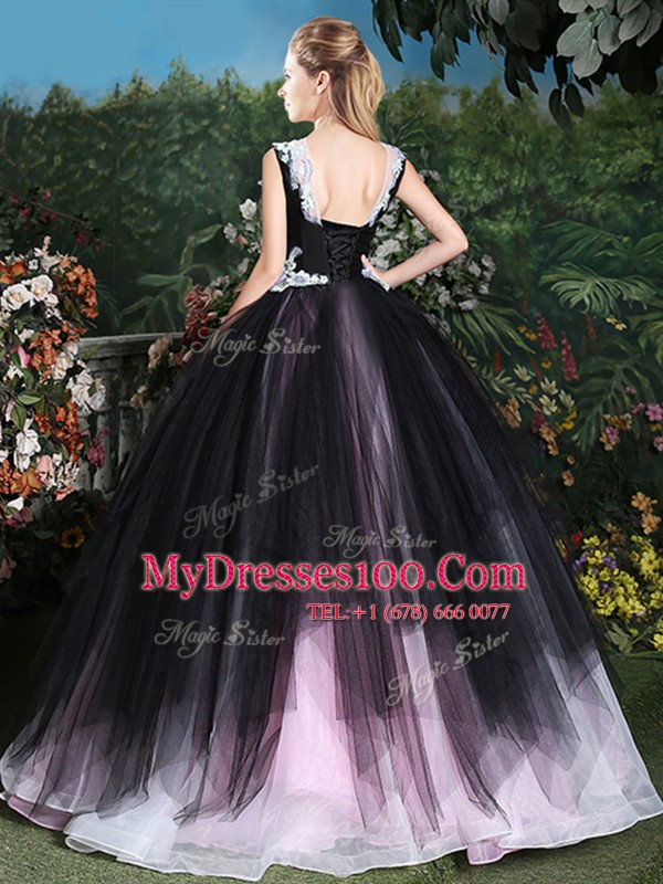 Affordable Tulle Scoop Sleeveless Lace Up Appliques and Ruffles 15th Birthday Dress in Pink And Black