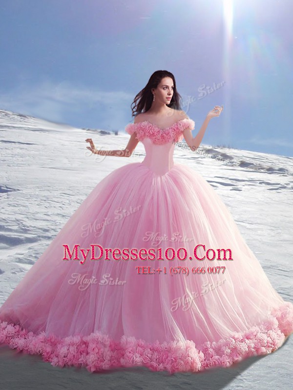 Suitable Rose Pink Sweet 16 Dress Off The Shoulder Cap Sleeves Court Train Lace Up