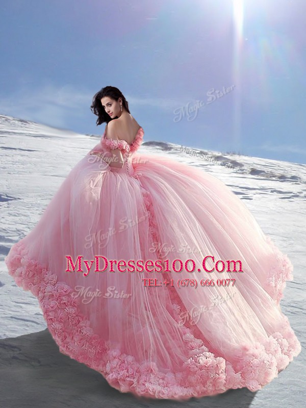 Suitable Rose Pink Sweet 16 Dress Off The Shoulder Cap Sleeves Court Train Lace Up