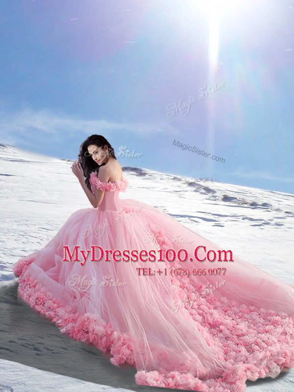 Suitable Rose Pink Sweet 16 Dress Off The Shoulder Cap Sleeves Court Train Lace Up