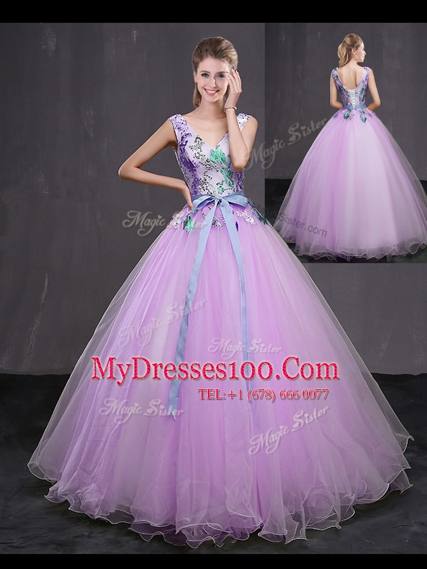 Comfortable Lilac Sleeveless Tulle Lace Up Sweet 16 Dresses for Military Ball and Sweet 16 and Quinceanera