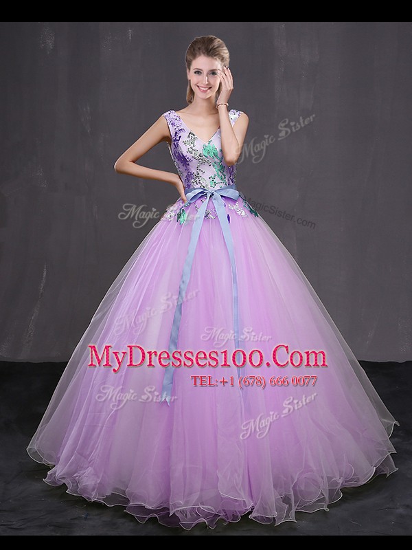 Comfortable Lilac Sleeveless Tulle Lace Up Sweet 16 Dresses for Military Ball and Sweet 16 and Quinceanera
